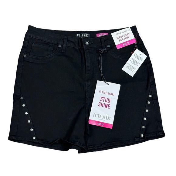 Women's Faith Jeans 12 Large Shorts Black Jean Denim Hi Rise Stud Stretch NWT - Picture 3 of 9
